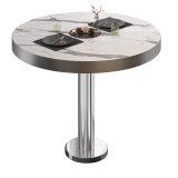 BML | Bistrotisch | Ø:H 80 x 77 cm | Weiß Marmor / Edelstahl | Rund | Edelstahl Rand