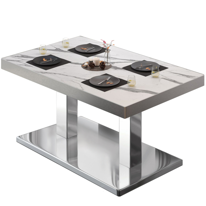 BM | Bistrolounge-bord | B:D:H 110 x 60 x 41 cm | Vit marmor / rostfritt stål