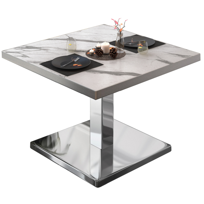 BM | Table de salon Bistro | L:P:H 80 x 80 x 41 cm | Blanc Marbre / Acier inoxydable