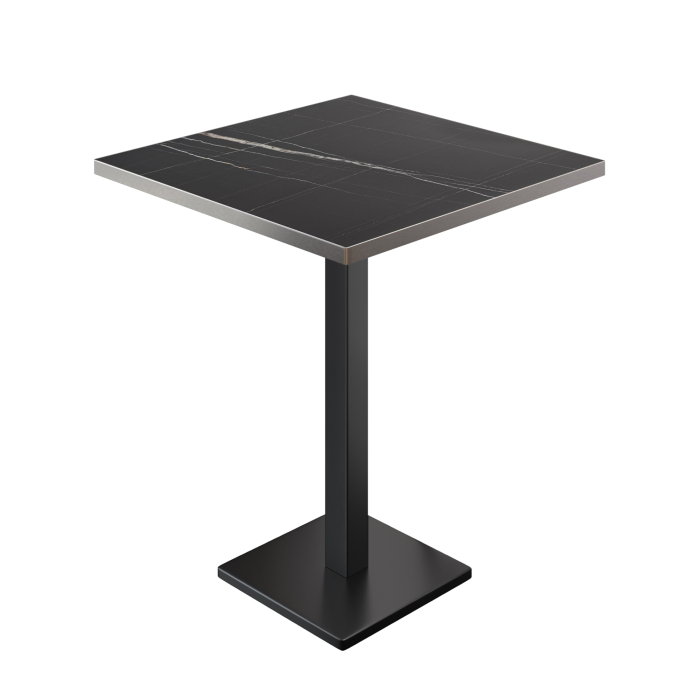BM | Table haute de bistrot | 80 x 80 x 108 cm | Carrée | Bord en inox | Marbre noir / Noir