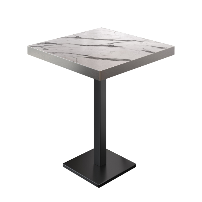 BM | Bistro Stół Wysoki | 80 x 80 x 110 cm | Kwadratowy | Stal nierdzewna krawędź | Biały marmur / Czarny