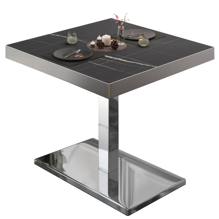BM | Mesa para cafetería | An:Pr:Al 80 x 80 x 77 cm | Mármol negro / acero inoxidable | Cuadrado