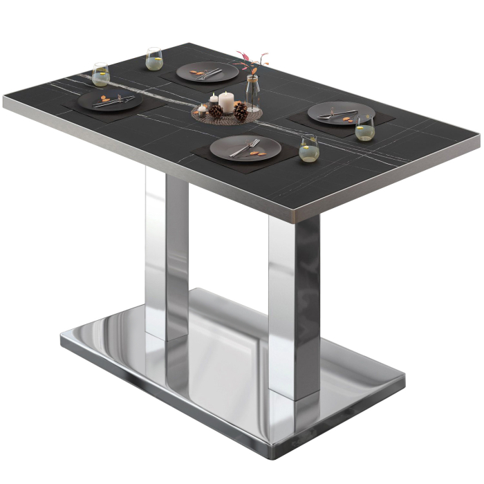 BM | Bistrotafel | B:D:H 120 x 70 x 75 cm | Zwart marmer / roestvrij staal | Rechthoekig
