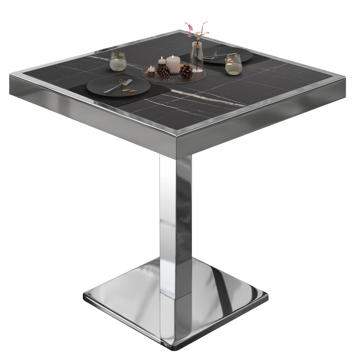 BM | Bistrotafel | B:D:H 60 x 60 x 77 cm | Zwart marmer / roestvrij staal | Vierkant