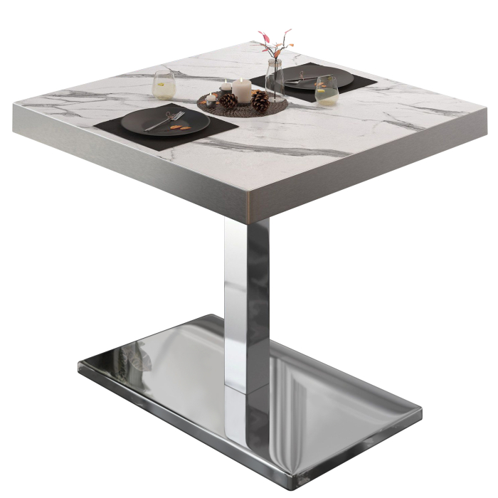 BM | Bistrotafel | B:D:H 80 x 80 x 77 cm | Wit marmer / roestvrij staal | Vierkant