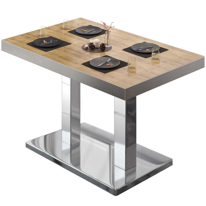 BM | Table de bistrot | L:P:H 110 x 60 x 77 cm | Chêne / Acier inoxydable | Rectangulaire