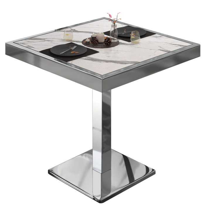 BM | Table de bistrot | L:P:H 60 x 60 x 77 cm | Blanc marbre / Acier inoxydable | Carré