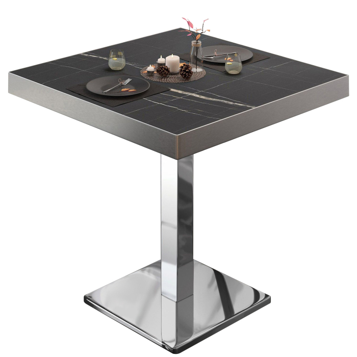 BM | Bistro-pöytä | K:S:H 70 x 70 x 77 cm | Musta marmori / ruostumaton teräs | Neliö