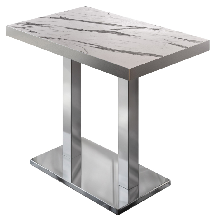 BM | Bistro Stół Wysoki | 120 x 70 x 110 cm | Prostokątny | Stal nierdzewna krawędź | Biały marmur / stal nierdzewna