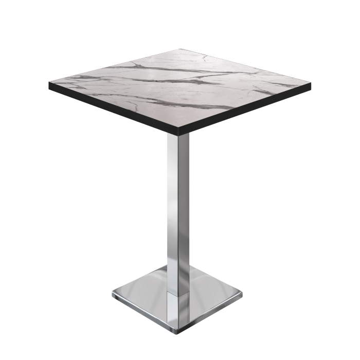BM | Bistro Stehtisch | 60 x 60 x 108 cm | Firkantet | Sort Kant | Hvid Marmor / Rustfrit Stål