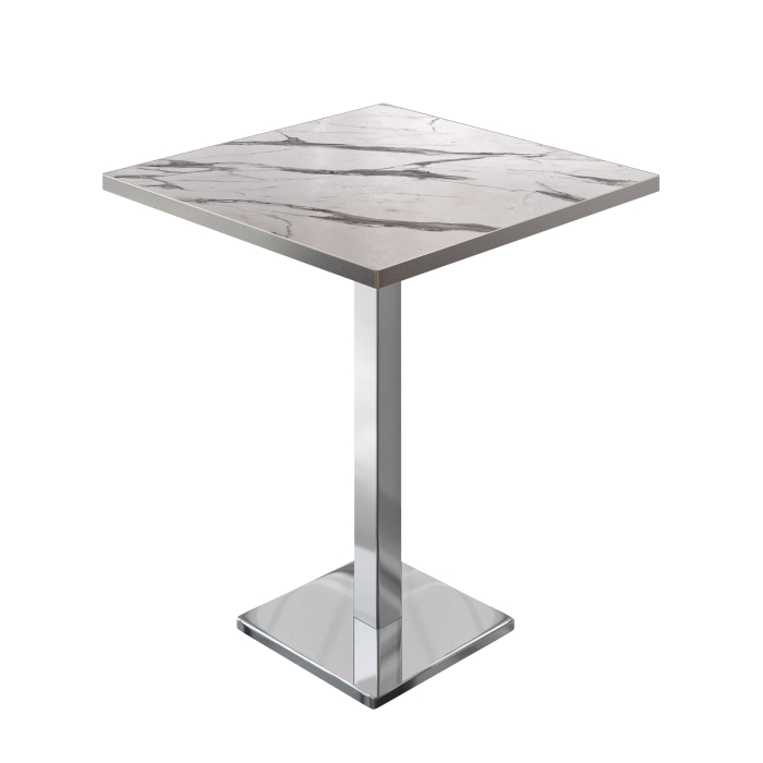 BM | Bistro Stolik Podwyższony | 60 x 60 x 108 cm | Kwadratowy | Stal nierdzewna | Biały Marmur / Stal nierdzewna