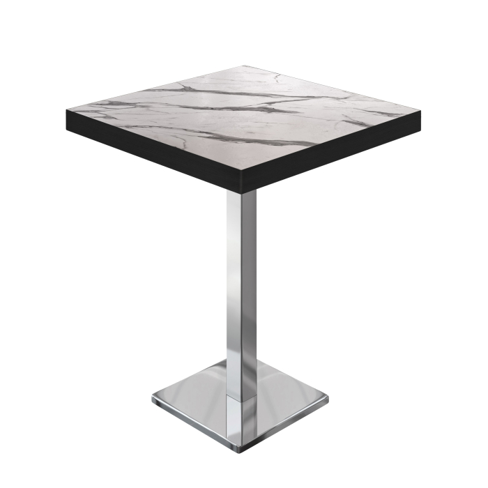 BM | Bistro Stolik Wysoki | 60 x 60 x 110 cm | Kwadratowy | Czarna Krawędź | Biały Marmur / Stal Nierdzewna