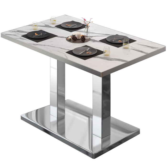 BM | Bistrotisch | B:T:H 120 x 70 x 75 cm | Weiß Marmor / Edelstahl | Rechteckig | Edelstahl Rand