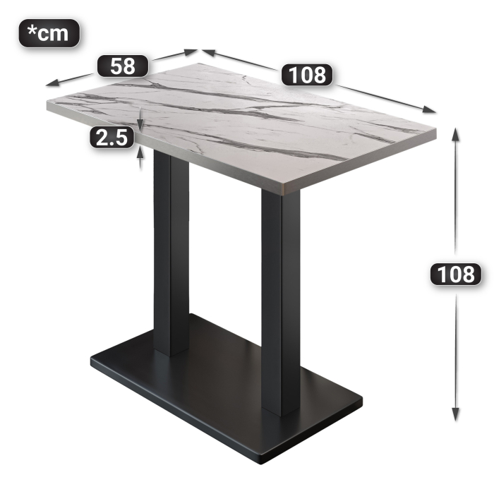 BM | Bistro Steh Tabel | 110 x 60 x 108 cm | Rektangulær | Rustfritt stål kant | Hvit marmor / Svart BM | Bistro Steh Tabel | 110 x 60 x 108 cm | Rektangulær | Rustfritt stål kant | Hvit marmor / Svart