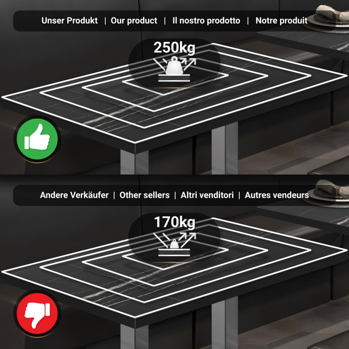 BM | Bistro Stehtisch | 120 x 70 x 108 cm | Rechteckig | Schwarzer Rand | Schwarz Marmor / Edelstahl