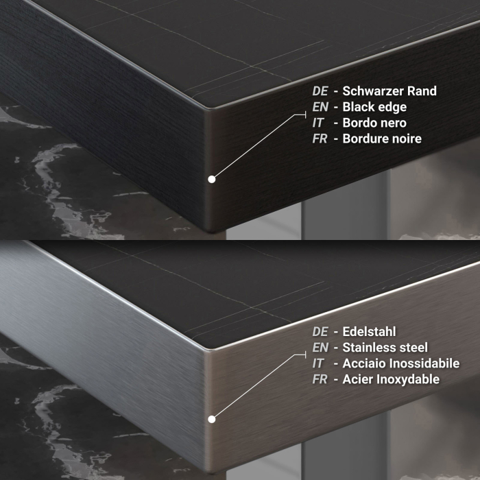BM | Bistro Stehtisch | 120 x 70 x 108 cm | Rechteckig | Schwarzer Rand | Schwarz Marmor / Edelstahl