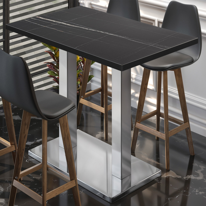BM | Bistro Stehtisch | 120 x 70 x 108 cm | Rechteckig | Schwarzer Rand | Schwarz Marmor / Edelstahl