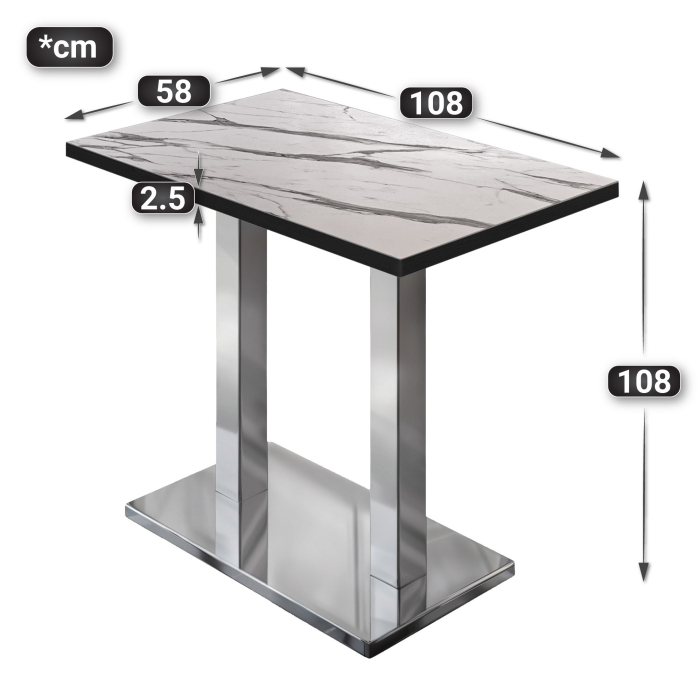 BM | Bistro Stehtbord | 110 x 60 x 108 cm | Rektangulær | Svart kant | Hvit marmor / rustfritt stål