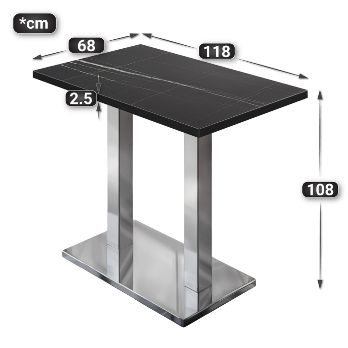 BM | Bistro Stehtisch | 120 x 70 x 108 cm | Rechteckig | Schwarzer Rand | Schwarz Marmor / Edelstahl