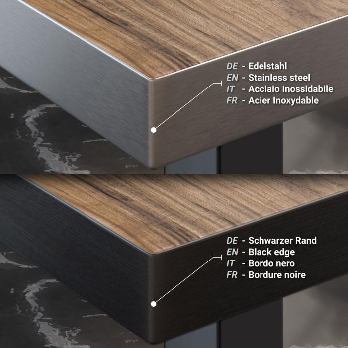 BM | Bistro Stehtisch | 70 x 70 x 108 cm | Kvadratisk | Rustfritt stål kant | Sheesham / Svart BM | Bistro Stehtisch | 70 x 70 x 108 cm | Kvadratisk | Rustfritt stål kant | Sheesham / Svart