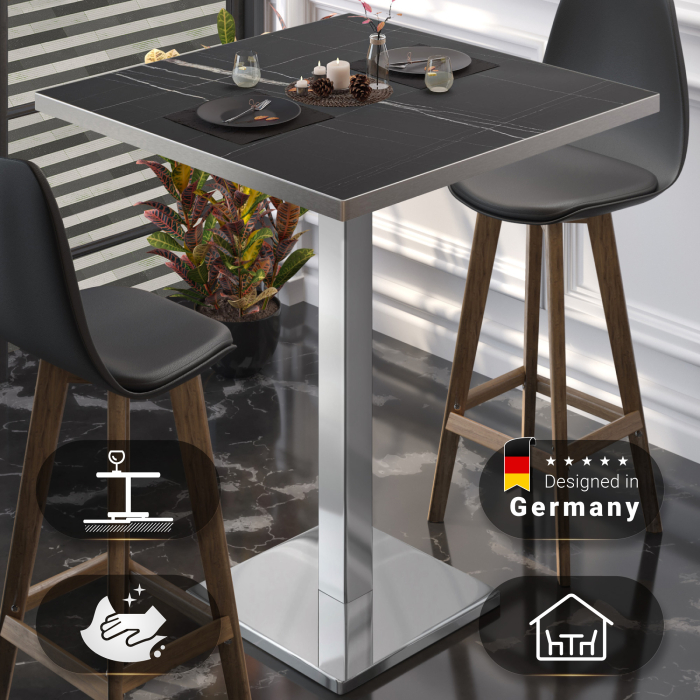 BM | Bistro Stehtbord | 70 x 70 x 108 cm | Firkantet | Rustfritt stål kant | Svart marmor / Rustfritt stål