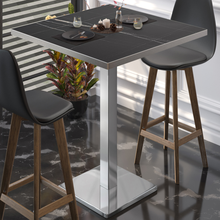 BM | Bistro Stehtbord | 70 x 70 x 108 cm | Firkantet | Rustfritt stål kant | Svart marmor / Rustfritt stål