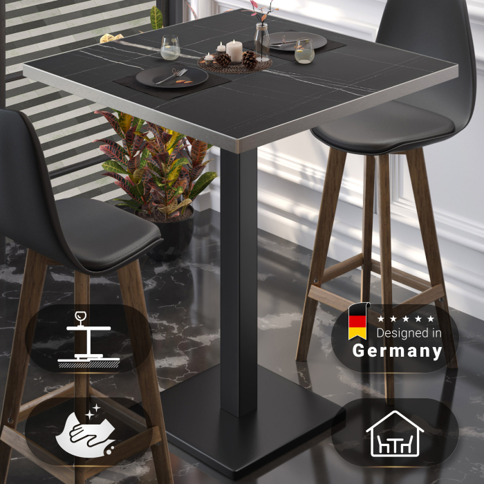 BM | Bistro Stehbord | 70 x 70 x 108 cm | Firkantet | Rustfritt stål kant | Svart marmor / svart BM | Bistro Stehbord | 70 x 70 x 108 cm | Firkantet | Rustfritt stål kant | Svart marmor / svart