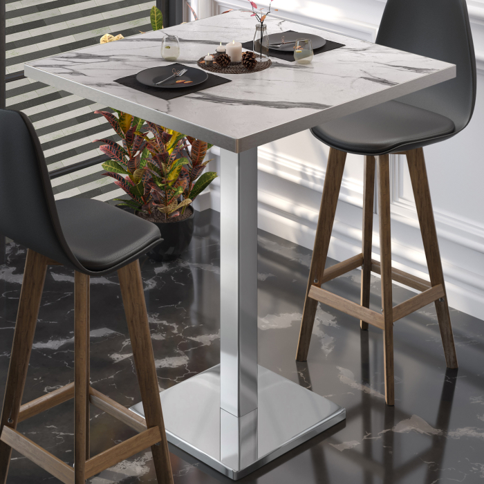 BM | Bistro Steh Bord | 70 x 70 x 108 cm | Firkantet | Rustfritt stål kant | Hvit marmor / rustfritt stål