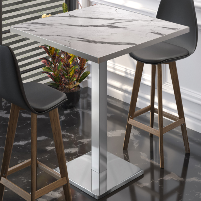 BM | Bistro Steh Bord | 70 x 70 x 108 cm | Firkantet | Rustfritt stål kant | Hvit marmor / rustfritt stål
