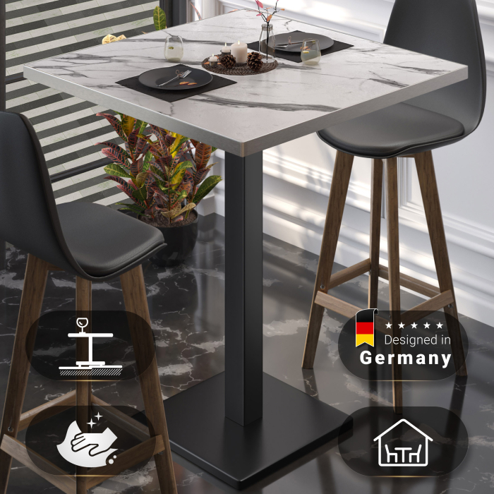BM | Bistro Stehtisch | 70 x 70 x 108 cm | Firkantet | Rustfritt stål kant | Hvit marmor / Svart BM | Bistro Stehtisch | 70 x 70 x 108 cm | Firkantet | Rustfritt stål kant | Hvit marmor / Svart