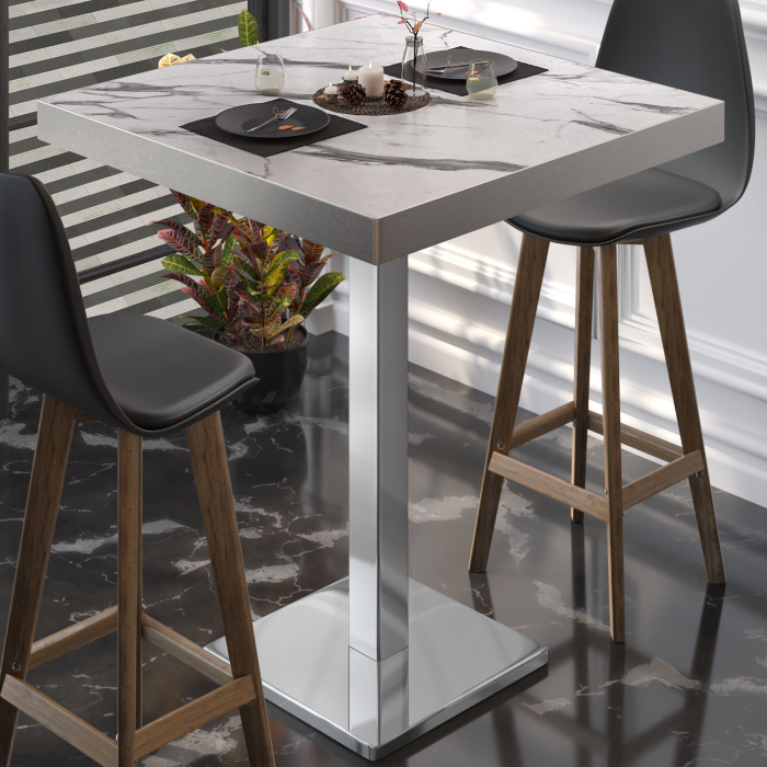 BM | Bistro Ståbord | 70 x 70 x 110 cm | Firkantet | Rustfritt stål kant | Hvit marmor / Rustfritt stål
