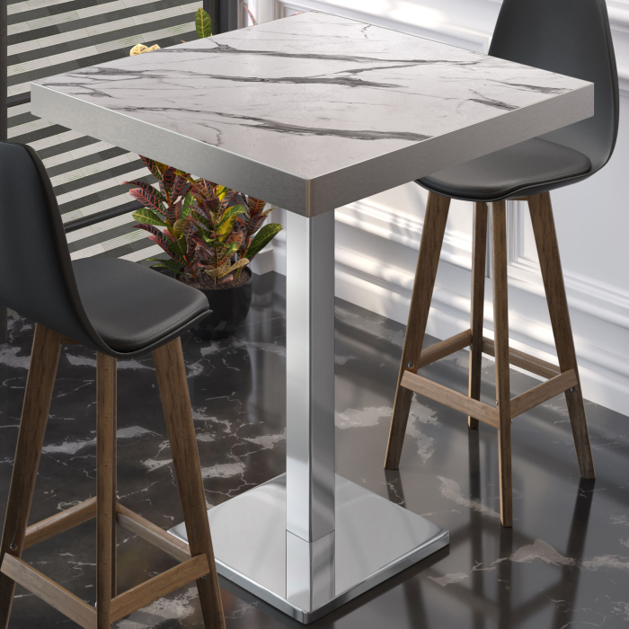 BM | Bistro Ståbord | 70 x 70 x 110 cm | Firkantet | Rustfritt stål kant | Hvit marmor / Rustfritt stål