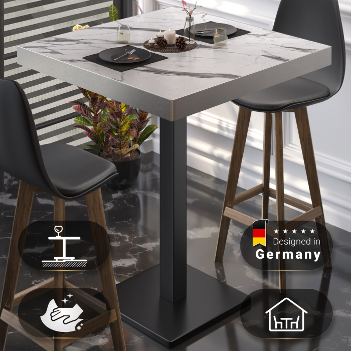 BM | Bistro Stehtbord | 70 x 70 x 110 cm | Kvadratisk | Rustfritt stål kant | Hvit marmor / Svart BM | Bistro Stehtbord | 70 x 70 x 110 cm | Kvadratisk | Rustfritt stål kant | Hvit marmor / Svart