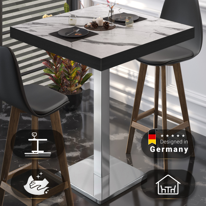 BM | Bistro Steh bord | 70 x 70 x 110 cm | Firkantet | Svart kant | Hvit marmor / Rustfritt stål