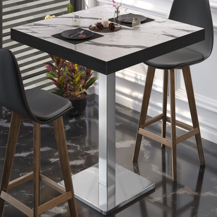 BM | Bistro Steh bord | 70 x 70 x 110 cm | Firkantet | Svart kant | Hvit marmor / Rustfritt stål