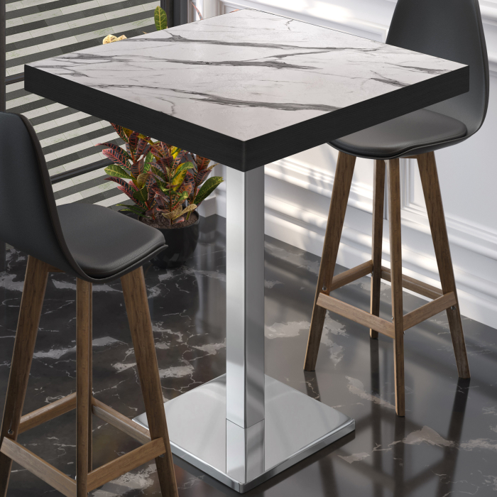BM | Bistro Steh bord | 70 x 70 x 110 cm | Firkantet | Svart kant | Hvit marmor / Rustfritt stål
