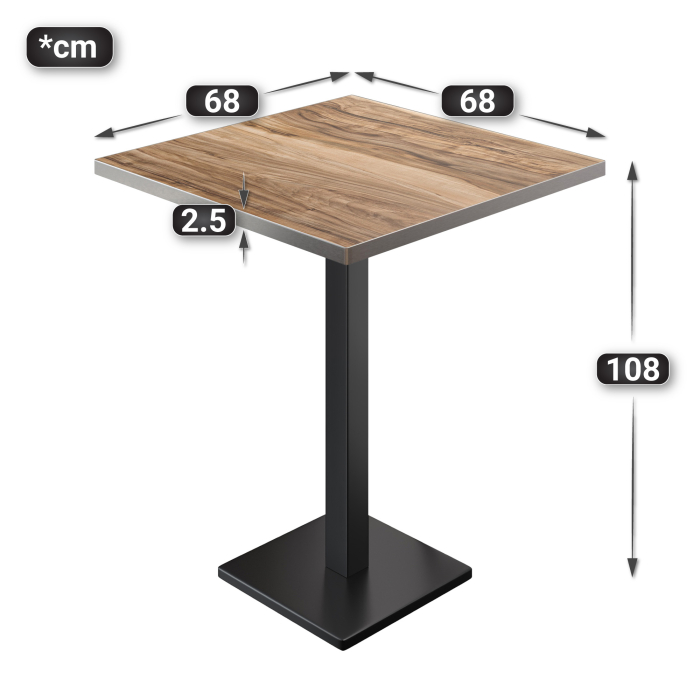 BM | Bistro Stehtisch | 70 x 70 x 108 cm | Kvadratisk | Rustfritt stål kant | Sheesham / Svart BM | Bistro Stehtisch | 70 x 70 x 108 cm | Kvadratisk | Rustfritt stål kant | Sheesham / Svart
