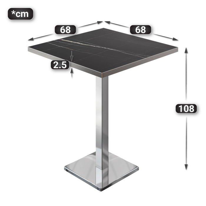BM | Bistro Stehtbord | 70 x 70 x 108 cm | Firkantet | Rustfritt stål kant | Svart marmor / Rustfritt stål
