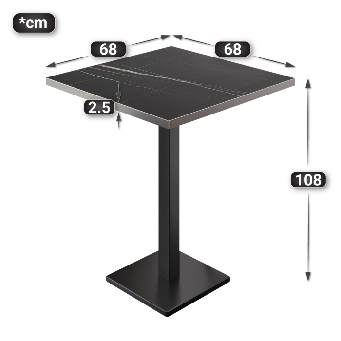 BM | Bistro Stehbord | 70 x 70 x 108 cm | Firkantet | Rustfritt stål kant | Svart marmor / svart BM | Bistro Stehbord | 70 x 70 x 108 cm | Firkantet | Rustfritt stål kant | Svart marmor / svart