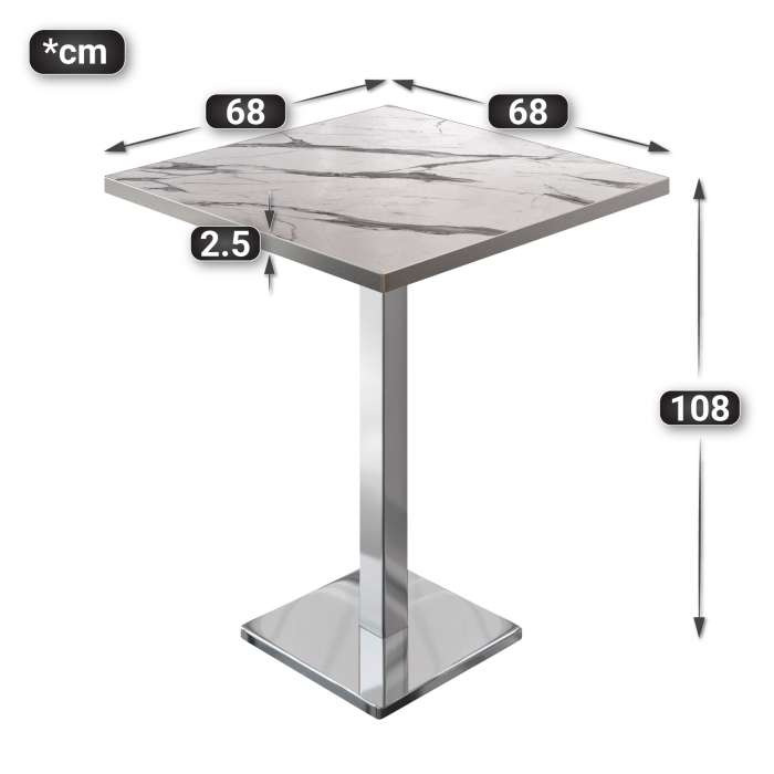 BM | Bistro Steh Bord | 70 x 70 x 108 cm | Firkantet | Rustfritt stål kant | Hvit marmor / rustfritt stål