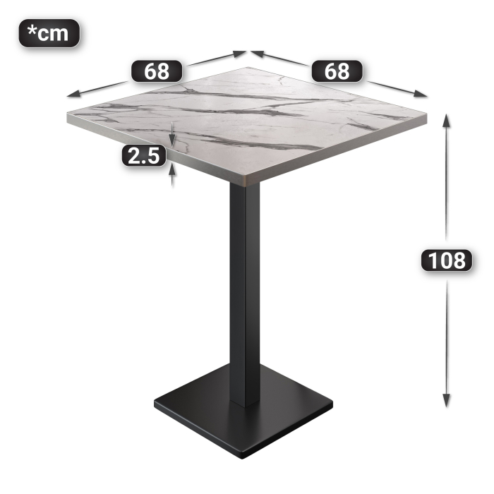 BM | Bistro Stehtisch | 70 x 70 x 108 cm | Firkantet | Rustfritt stål kant | Hvit marmor / Svart BM | Bistro Stehtisch | 70 x 70 x 108 cm | Firkantet | Rustfritt stål kant | Hvit marmor / Svart