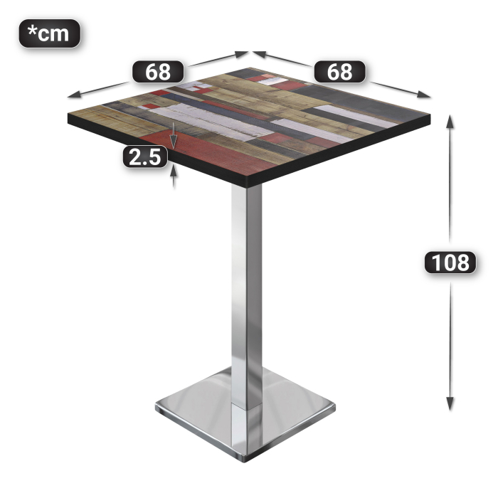 BM | Bistro Stehtabell | 70 x 70 x 108 cm | Kvadratisk | Svart kant | Vintage fargerik / Rustfritt stål BM | Bistro Stehtabell | 70 x 70 x 108 cm | Kvadratisk | Svart kant | Vintage fargerik / Rustfritt stål
