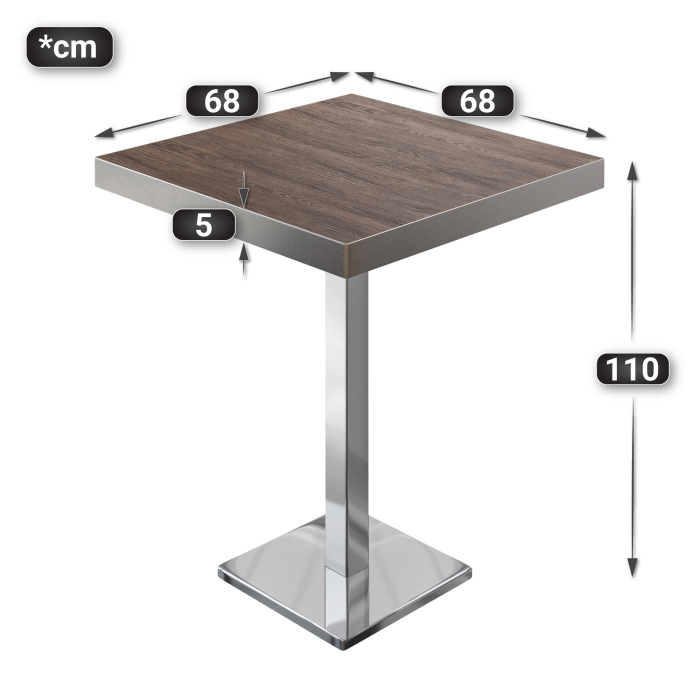BM | Bistro Stebord | 70 x 70 x 110 cm | Firkantet | Rustfritt stål kant | Light Wenge / Rustfritt stål