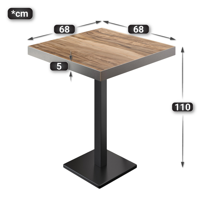 BM | Bistro Stehtisch | 70 x 70 x 110 cm | Kvadratisk | Rustfritt stål kant | Sheesham / Svart