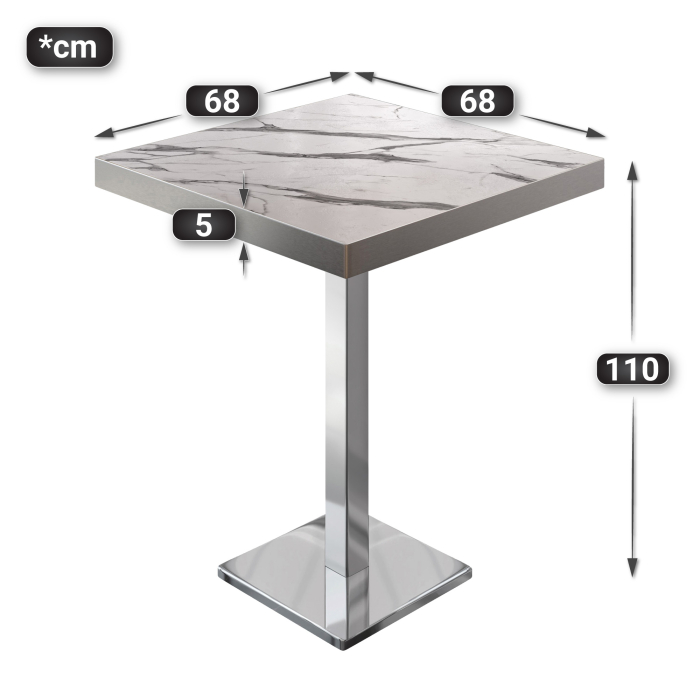 BM | Bistro Ståbord | 70 x 70 x 110 cm | Firkantet | Rustfritt stål kant | Hvit marmor / Rustfritt stål