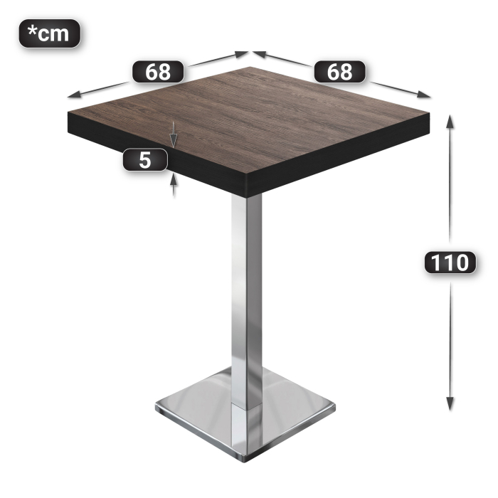 BM | Bistro Stehertabell | 70 x 70 x 110 cm | Firkantet | Svart Kant | Lys Wenge / Rustfritt Stål BM | Bistro Stehertabell | 70 x 70 x 110 cm | Firkantet | Svart Kant | Lys Wenge / Rustfritt Stål
