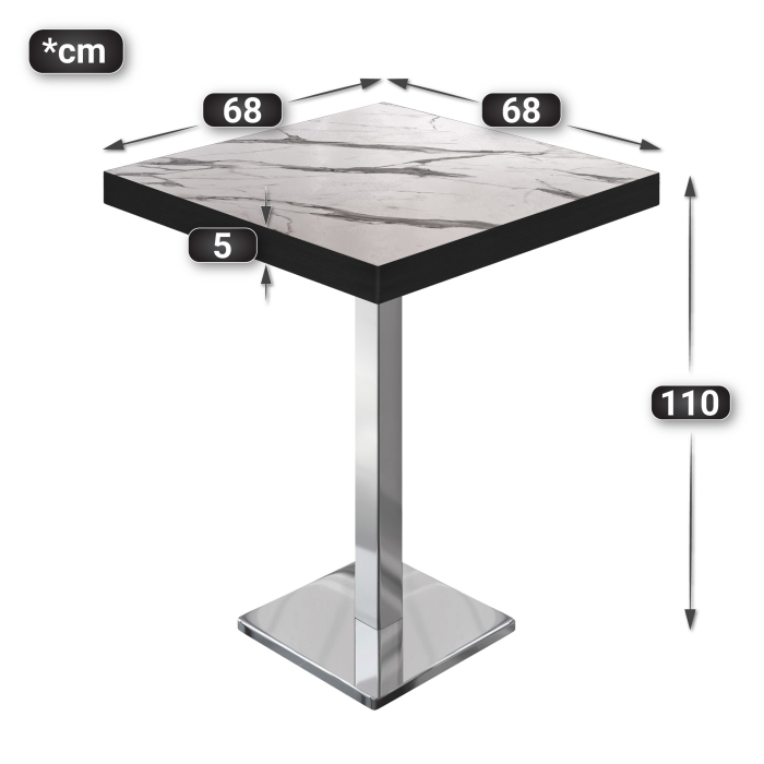 BM | Bistro Steh bord | 70 x 70 x 110 cm | Firkantet | Svart kant | Hvit marmor / Rustfritt stål