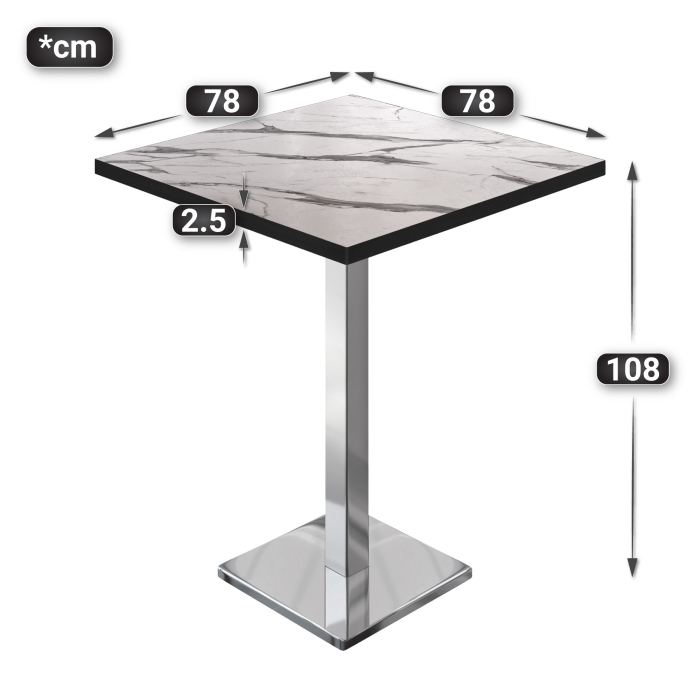 BM | Bistro Steintabell | 80 x 80 x 108 cm | Firkantet | Svart kant | Hvit marmor / Rustfritt stål