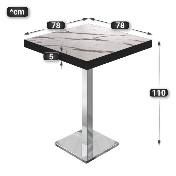 BM | Bistro Steistbord | 80 x 80 x 110 cm | Firkantet | Svart kant | Hvit marmor / Rustfritt stål