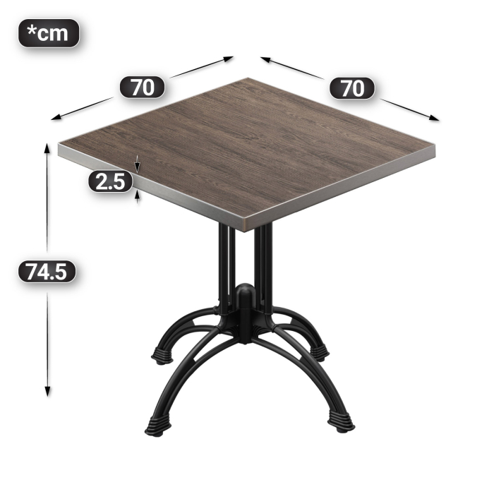 BMLG | Bistro Tisch | 70 x 70 x 75 cm | Quadratisch | Edelstahl Rand | Light Wenge / Schwarz